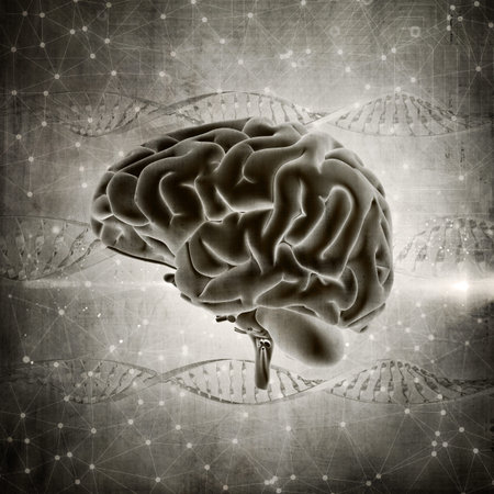 3D render of a grunge style brain image on a DNA strands background