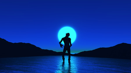 3D render of a creature in ocean against night skyの写真素材