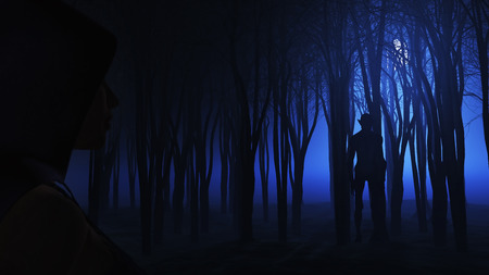 3D render of a female looking at creature hiding in foggy forestの写真素材
