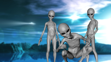 3D render of a science fiction landscape with grey alien creaturesの写真素材
