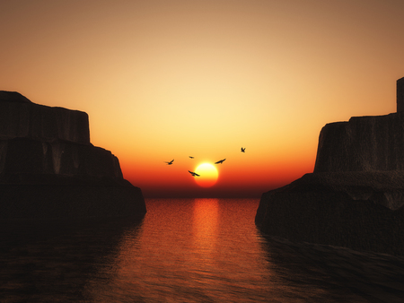 3D render of canyons at sunset with silhouettes of flying birdsの写真素材