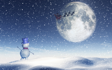 3D render of a Christmas landscape with snowman waving to santa in the skyの写真素材