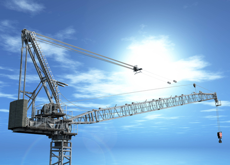 3D render of an industrial crane in blue skyの写真素材