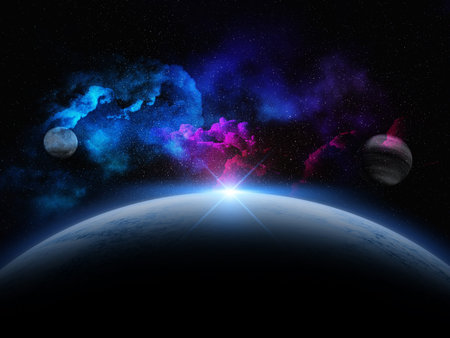 3D render of an abstract space scene with fictional planets