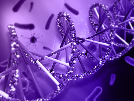 3D render of a medical background with DNA strand and virus cellsの写真素材