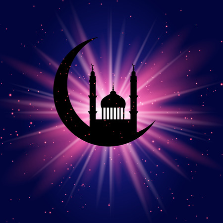 Ramadan Kareem background with mosque in crescent on starburstの写真素材