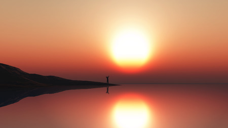 3D render of a landscape with man standing at the sea edge against a sunset skyの写真素材