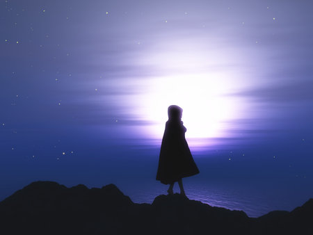3D render of a female in cloak against a starry night skyの写真素材