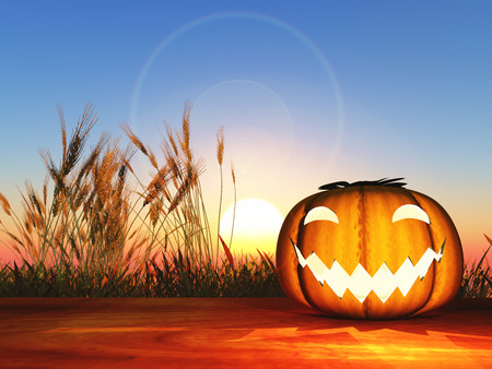 3D render of a Halloween pumpkin on a wooden table against a sunset skyの写真素材