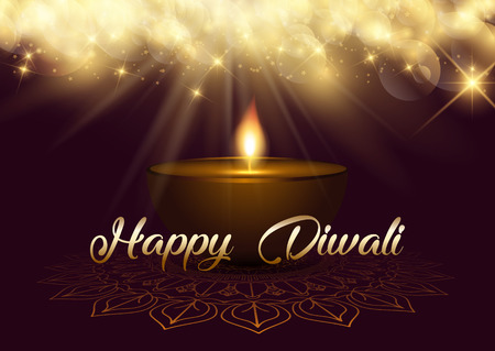 Diwali background with bokeh lights and oil lampの写真素材
