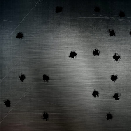 Bullet holes in a scratched metal surfaceの写真素材