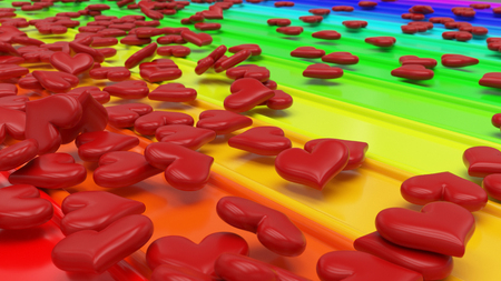 Render of 3D Hearts pattern on rainbow backgroundの写真素材
