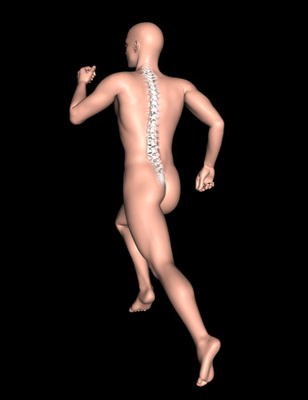 3D render of a male figure in running pose with spine highlightedの写真素材