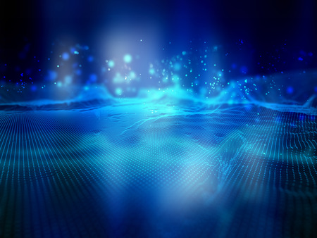 3D render of a digital landscape of connecting lines and dots. Network connections technology backgroundの写真素材