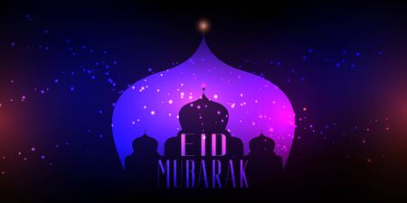 Eid Mubarak background with mosque silhouette on a bokeh lights designの写真素材