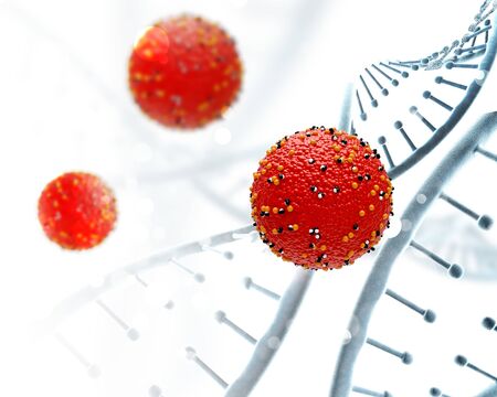 3D render of a medical background with DNA strands and virus cellsの写真素材