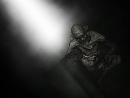 3D render of a demon in crouched position with spotlight shining downの写真素材