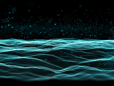 3D render of a futuristic particle background with flowing cyber dots