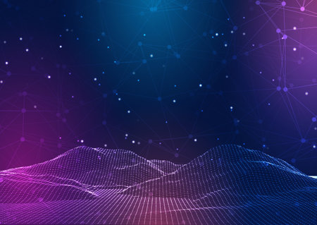 Futuristic landscape background with wireframe terrain and a low poly design