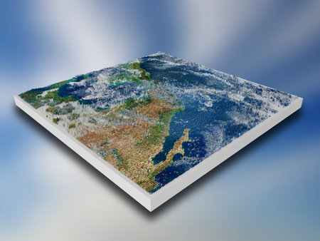 3D render of a pixelated landscape block with extruding cubes