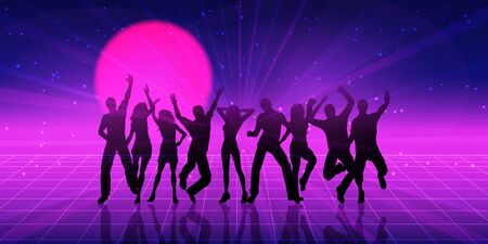 Retro themed banner design with silhouettes of people dancingの写真素材