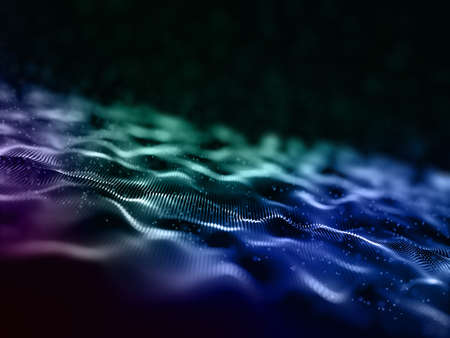 3D render of an abstract digital particle waves design backgroundの写真素材