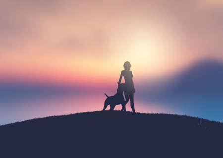 Silhouette of a female and her dog against a sunset landscapeの写真素材