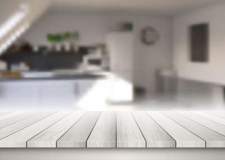 Wooden table looking out to a defocussed kitchen backgroundのイラスト素材