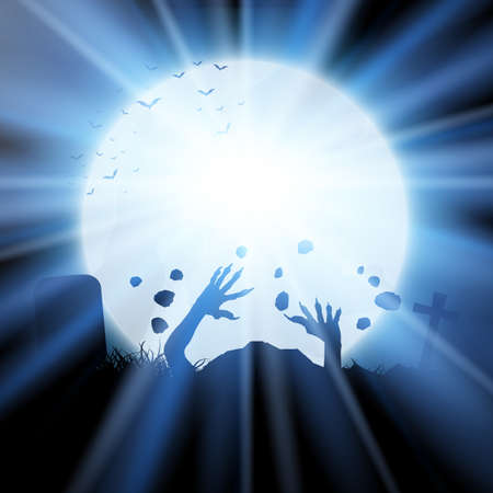 Halloween background with zombie erupting from the ground against moonlit skyのイラスト素材