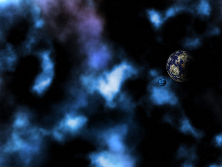3D render of a space background with abstract planets and nebula