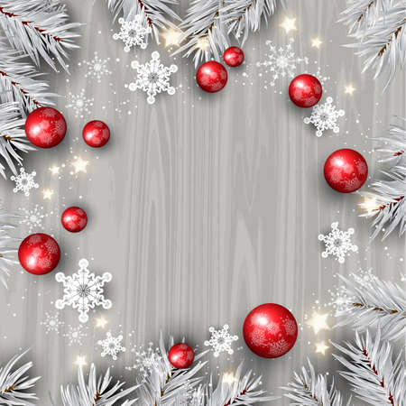 Decorative Christmas background with decorations on a wooden textureのイラスト素材