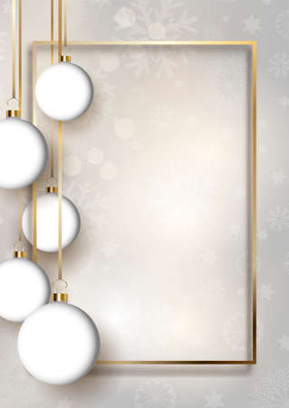 Christmas baubles background with gold frame and snowflakes designのイラスト素材