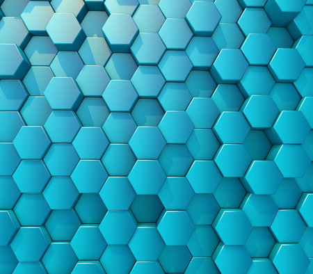 3D render of an abstract background with wall of extruding hexagonsの写真素材