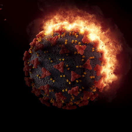 3D render of a medical background with exploding Covid 19 virus cellの写真素材