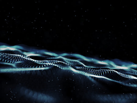 3D render of a network communications background with flowing dots