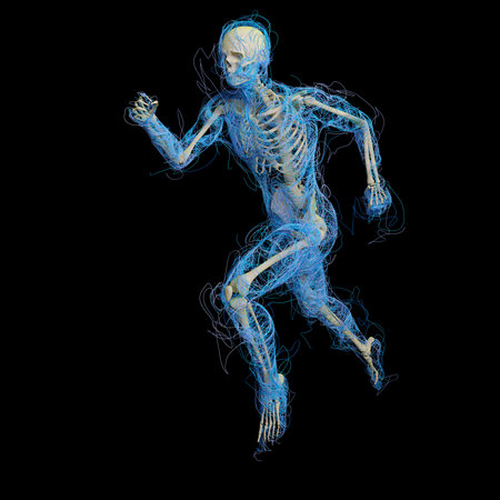 3D render of a medical male figure made of glowing splines