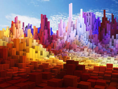 3D render of an abstract cube landscape against blue sky backgroundの写真素材