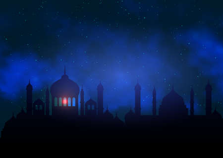 Ramadan Kareem background with mosque silhouette against night skyのイラスト素材
