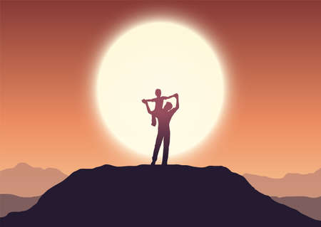 Fathers day background with dad and son in sunset landscapeのイラスト素材