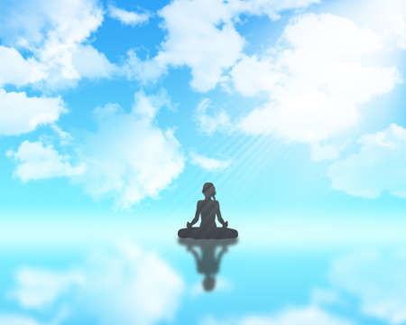 3D render of a female in yoga position against blue cloudy skyの写真素材