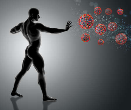 3D render of a male figure holding hand out and stopping Covid 19 virus cellsの写真素材