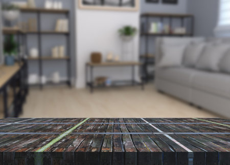 3D render of an old wooden vintage table against a defocussed lounge interior