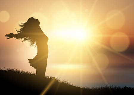 Silhouette of a happy female against a sunset landscapeのイラスト素材