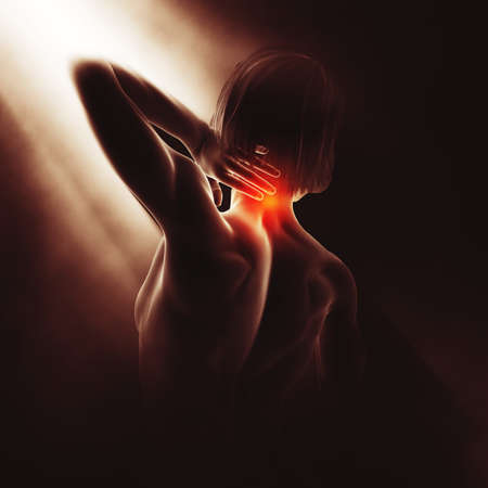 3D render of a medical image with female holding neck in painの写真素材