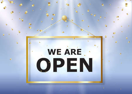 We are Open sign with gold confetti and spotlightsのイラスト素材