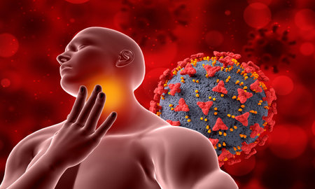 3D medical background with male figure and Covid 19 virus cells