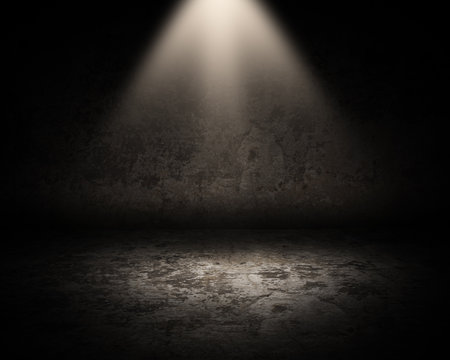 3D render of a grunge room interior with spotlight shining downの写真素材