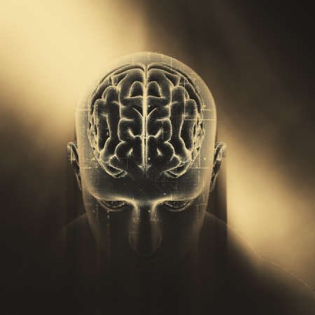 3D render of a medical background with technology design on male figure with brain highlightedの写真素材