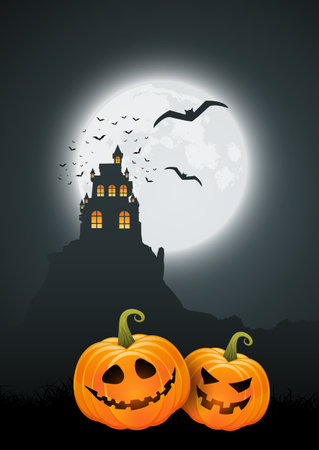 Halloween background with pumpkins and spooky castle landscape designのイラスト素材