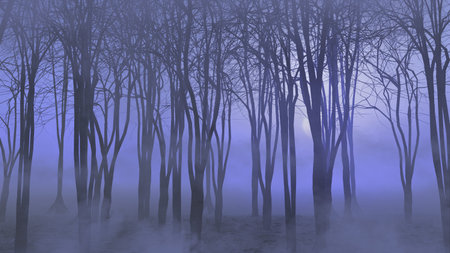3D render of a Halloween landscape with foggy forest